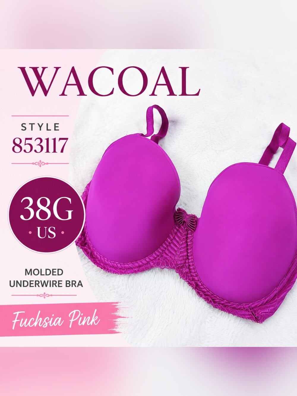Wacoal 853117 Bra 38G Fuchsia Pink Underwire Molded Cup Lace Trim